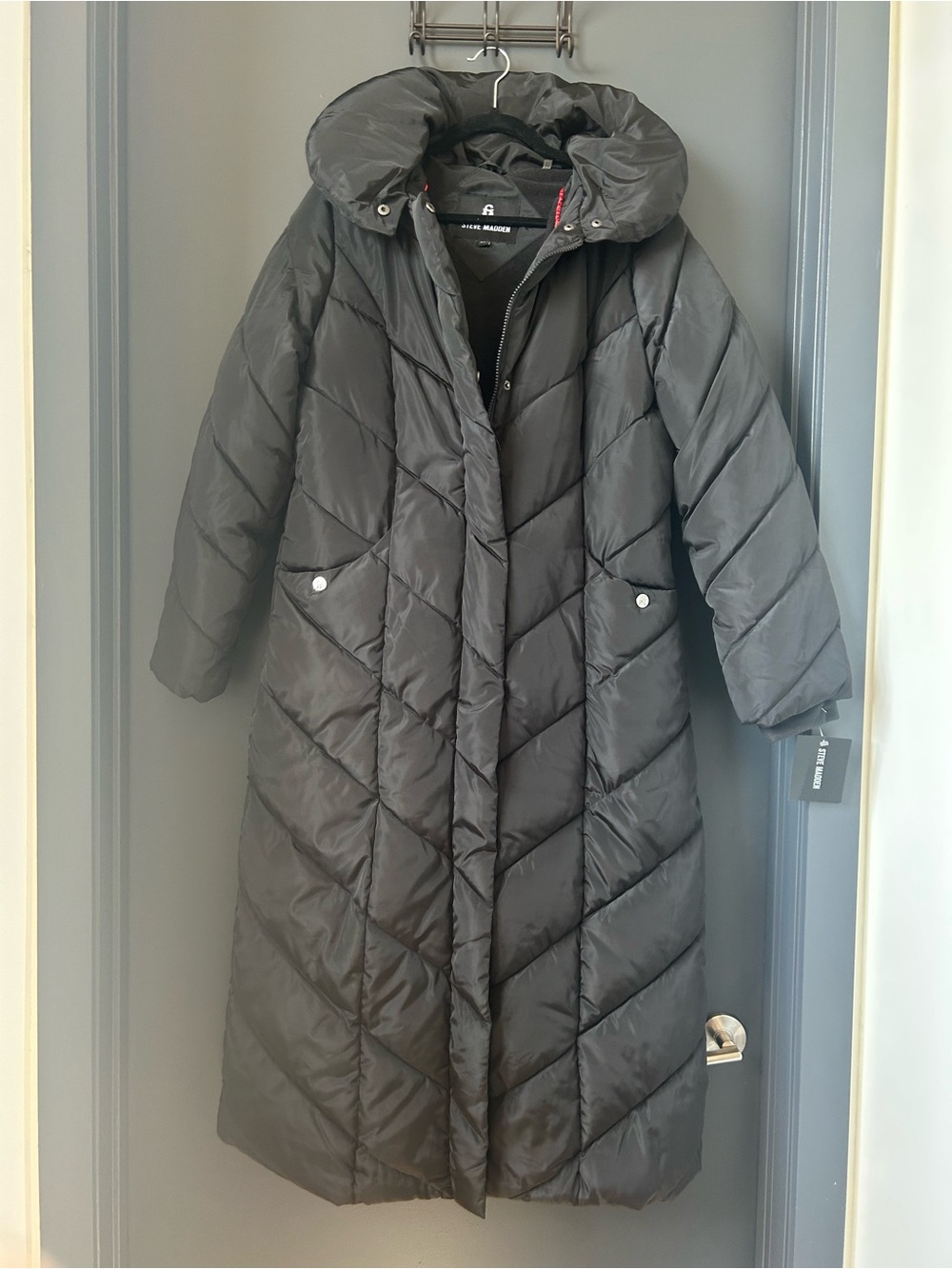 Steve Madden Long Black Quilted Hooded Puffer Coat